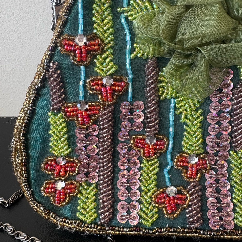 Beaded Floral Evening Bag Green Crossbody Purse - Picture 10 of 10